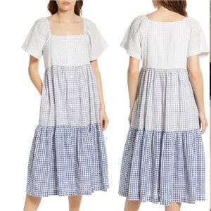 Madewell Patchwork Gingham Button Front Tiered Midi Dress